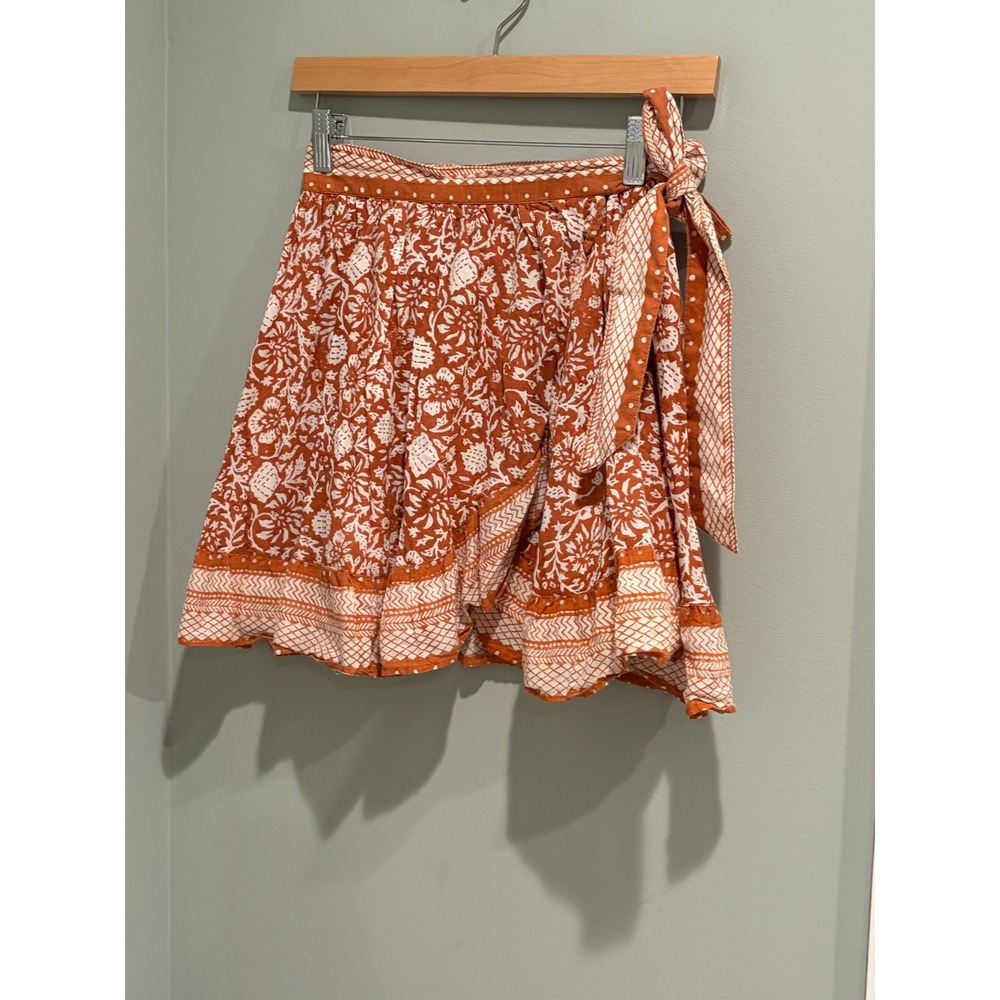 Cleobella Rust Orange Floral Block Print Organic Cotton Wrap Mini Skirt XS - Picture 2 of 6